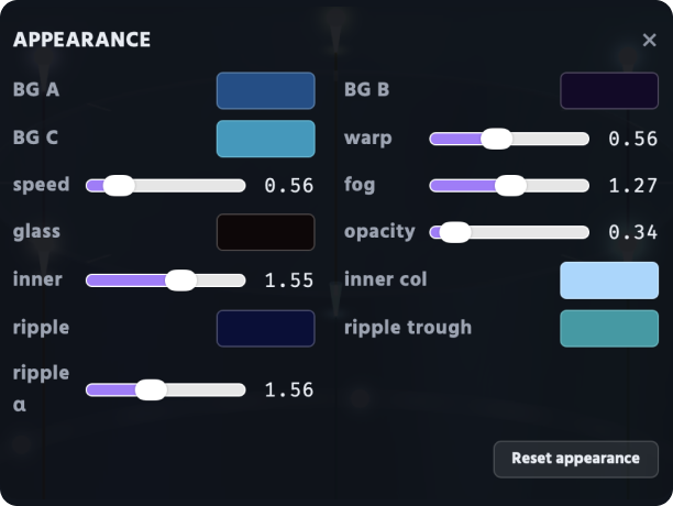 Khorlo's appearance panel: colour swatches for the three background
                  tones, the glass, the inner glow and the ripple, with sliders for
                  warp, speed, fog, opacity and ripple amount.