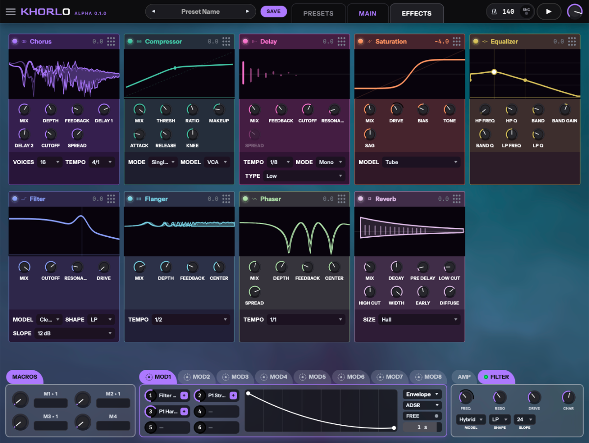 Khorlo's effects view. Nine effect panels — chorus, compressor,
                    delay, saturation, equalizer, filter, flanger, phaser and reverb —
                    each with a display above its knobs, over a row of macro and
                    modulation controls.