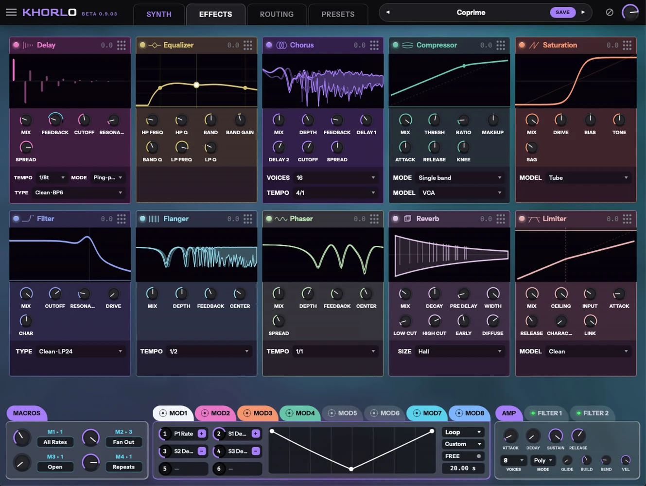 Khorlo's effects view. Ten effect panels — chorus, compressor,
                    delay, saturation, equalizer, filter, flanger, phaser, reverb and
                    limiter — each with a display above its knobs, over a row of macro
                    and modulation controls.