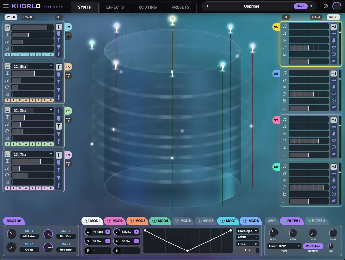 The Khorlo window: the cylinder scene above the synth panel.