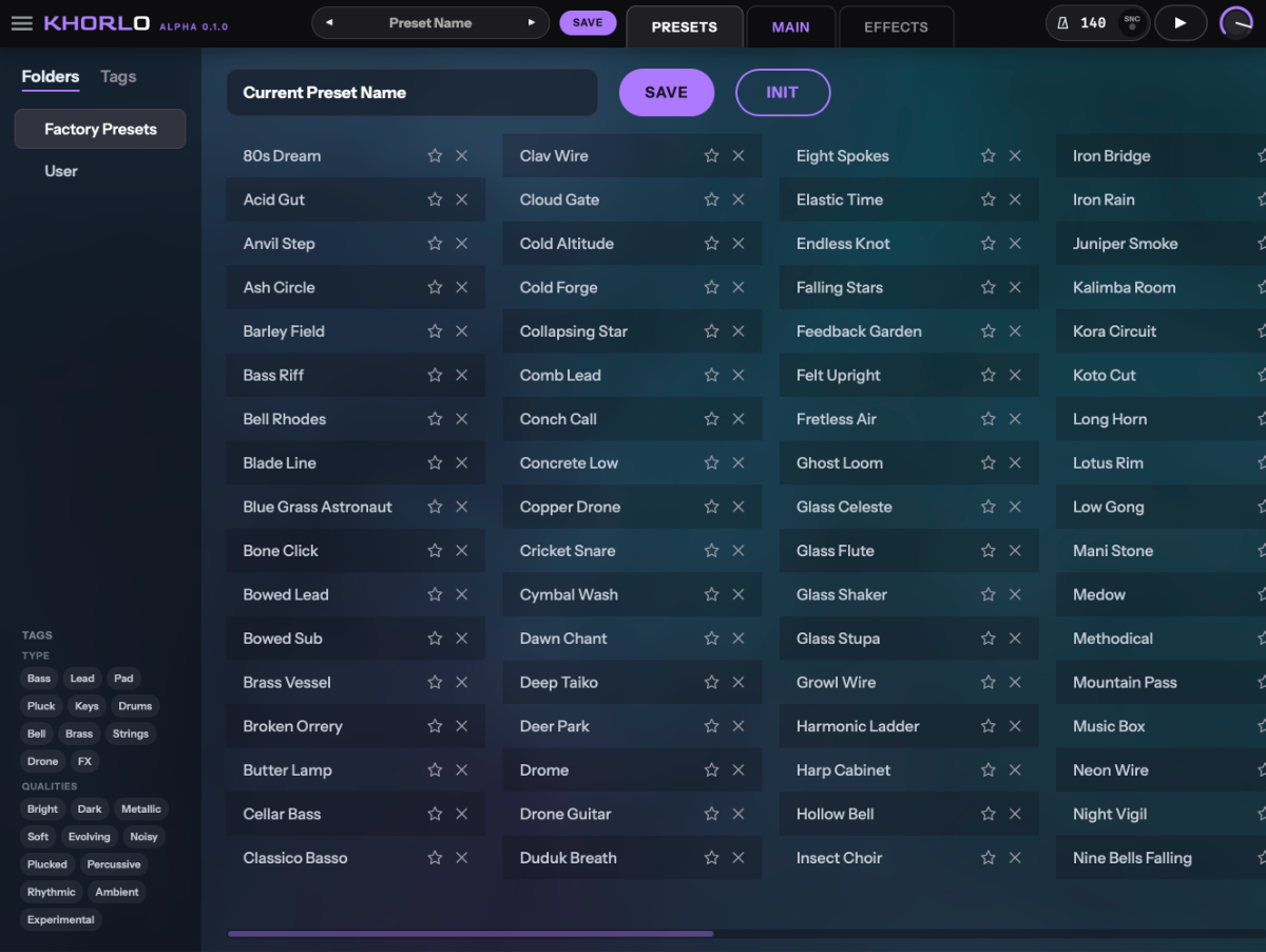 Khorlo's preset browser. Four columns of named factory presets with
                    favourite and delete controls, a folders and tags sidebar on the
                    left, and tag filters for type and character beneath it.
