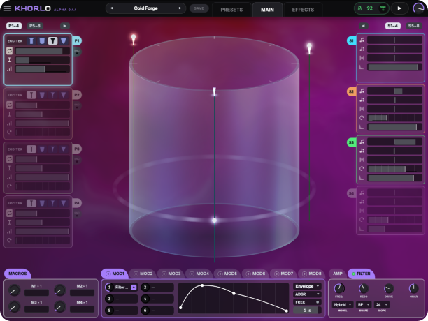 The Cold Forge preset: the same instrument in magenta and deep
                  purple.