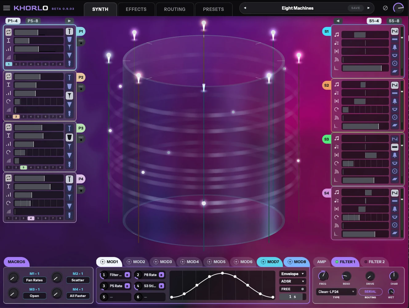 The 80s Dream preset dressed in crimson and deep purple, with a
                  macro named Muffle on the panel bottom left.