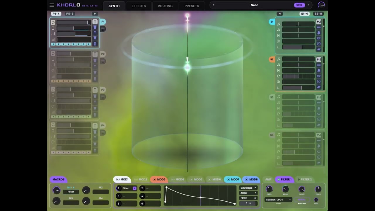 Khorlo's glowing cylinder and synth controls in the track walkthrough.