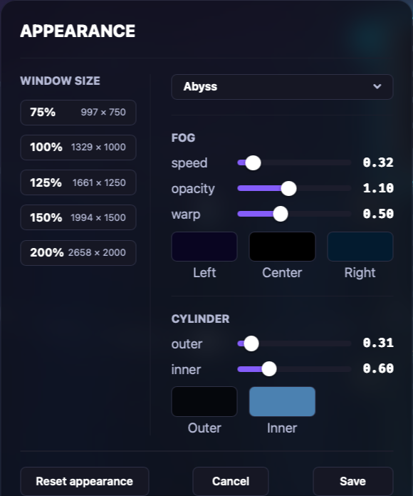 The Appearance panel: window sizes on the left, scheme menu, FOG and CYLINDER controls on the right